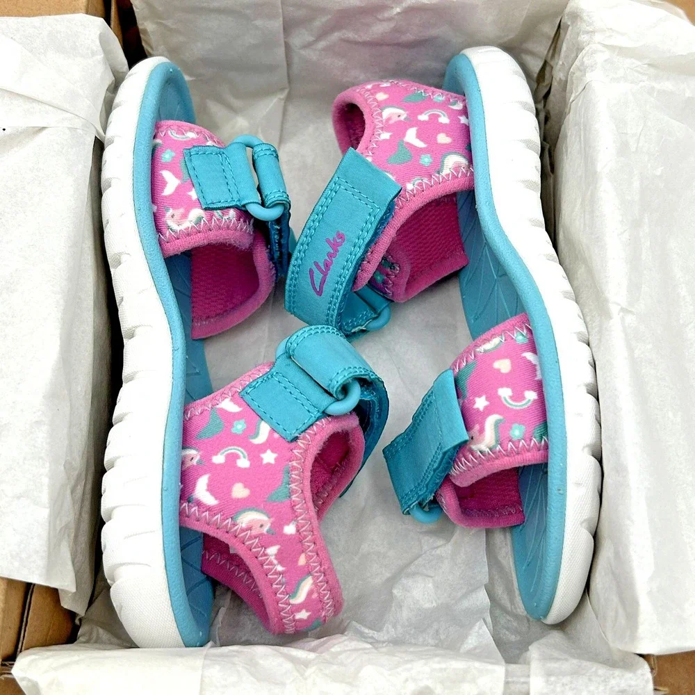 Clarks‎ Toddler Girls Open Toe Adjustable Sandals Sz 10 Wide Pink-Aqua Unicorn